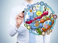 A businessman is drawing a colourful city development flowchart on the glass screen. A colourful sketch about city development is drawn on the concrete wall. A concept of local's city development.