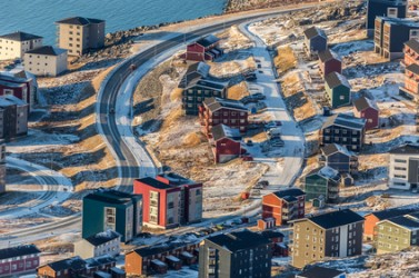 Aerial view to the streets and buildings of Nuuk, Greenland