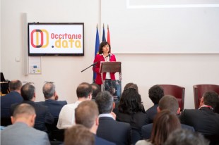 La présidente de la région Occitanie Carole Delga lors du lancement de l’association Occitanie Data le 18 avril à Montpellier
