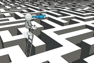 little sketchy man with ladder and telescope in a maze