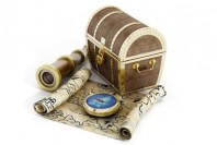 Treasure chest, map, compass and looking glass