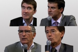 Stéphane Gatignon, maire (EE) de Sevran, Manuel Valls, maire (PS) d'Evry, Pierre Cohen, maire (PS) de Toulouse, et Jean-Paul Alduy, président (UMP) de l’Agglomération Perpignan Méditerranée