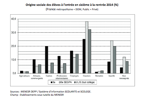 origine sociale des élèves à l'entrée en 6ème en 2014