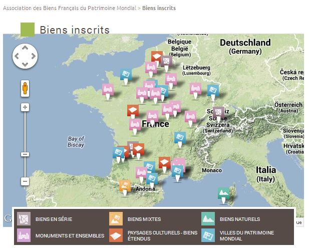 Carte des sites classé par l'Unesco en France. (Sources : association des biens français du patrimoine mondial).
